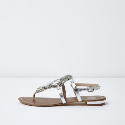 Silver metallic embellished flat sandals